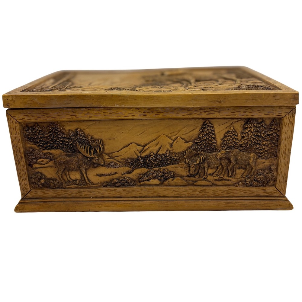 Moose Wildlife Faux Wood Resin Jewelry Keepsake Box with Removable Tray Vintage